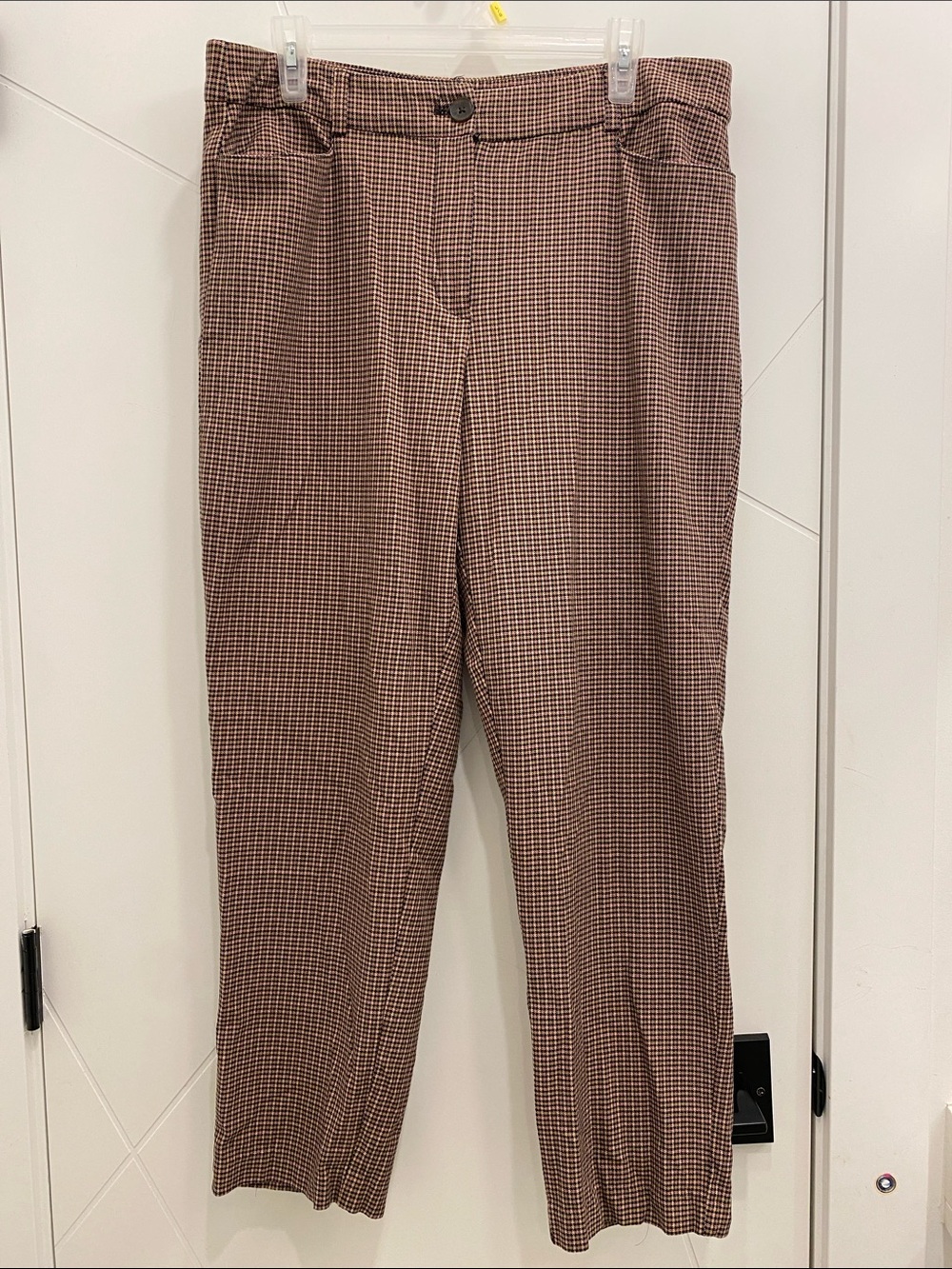 up! | Brown Pink Houndstooth High Waist Trousers | Cotton Rayon Stretch | Sz 14